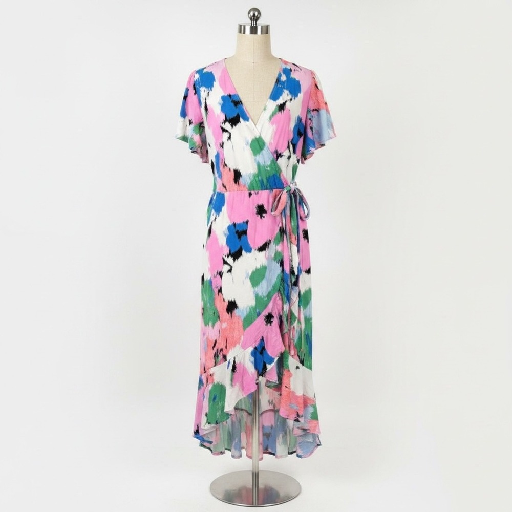 Ava & Viv Women Wrap Dress Abstract Floral Pink Blue Green White Size 2X